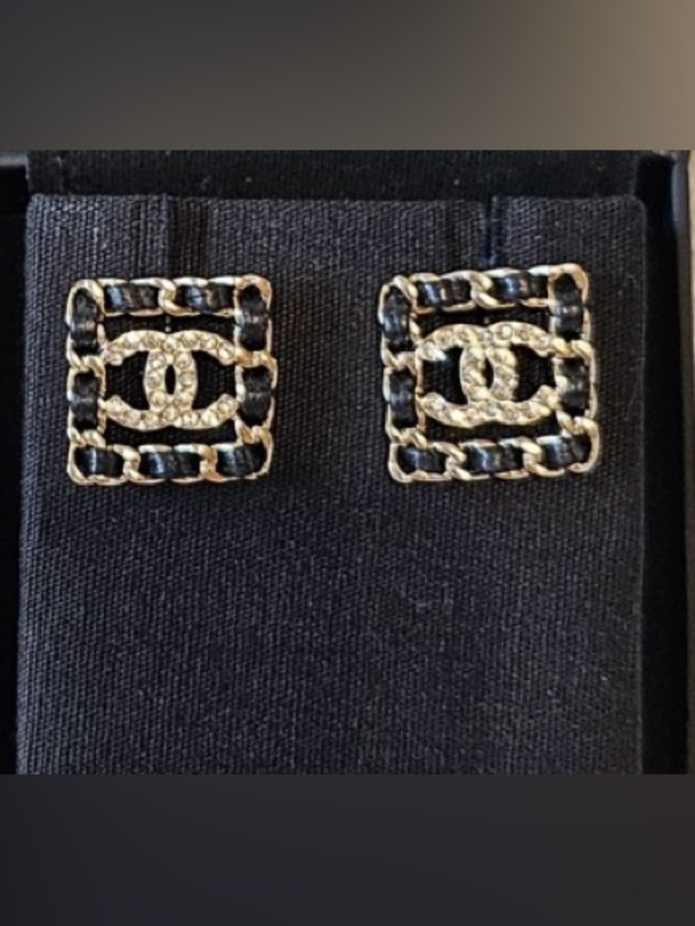 ChaneI Square Black Leather And Gold- Tone Earrings with Crystal Logo